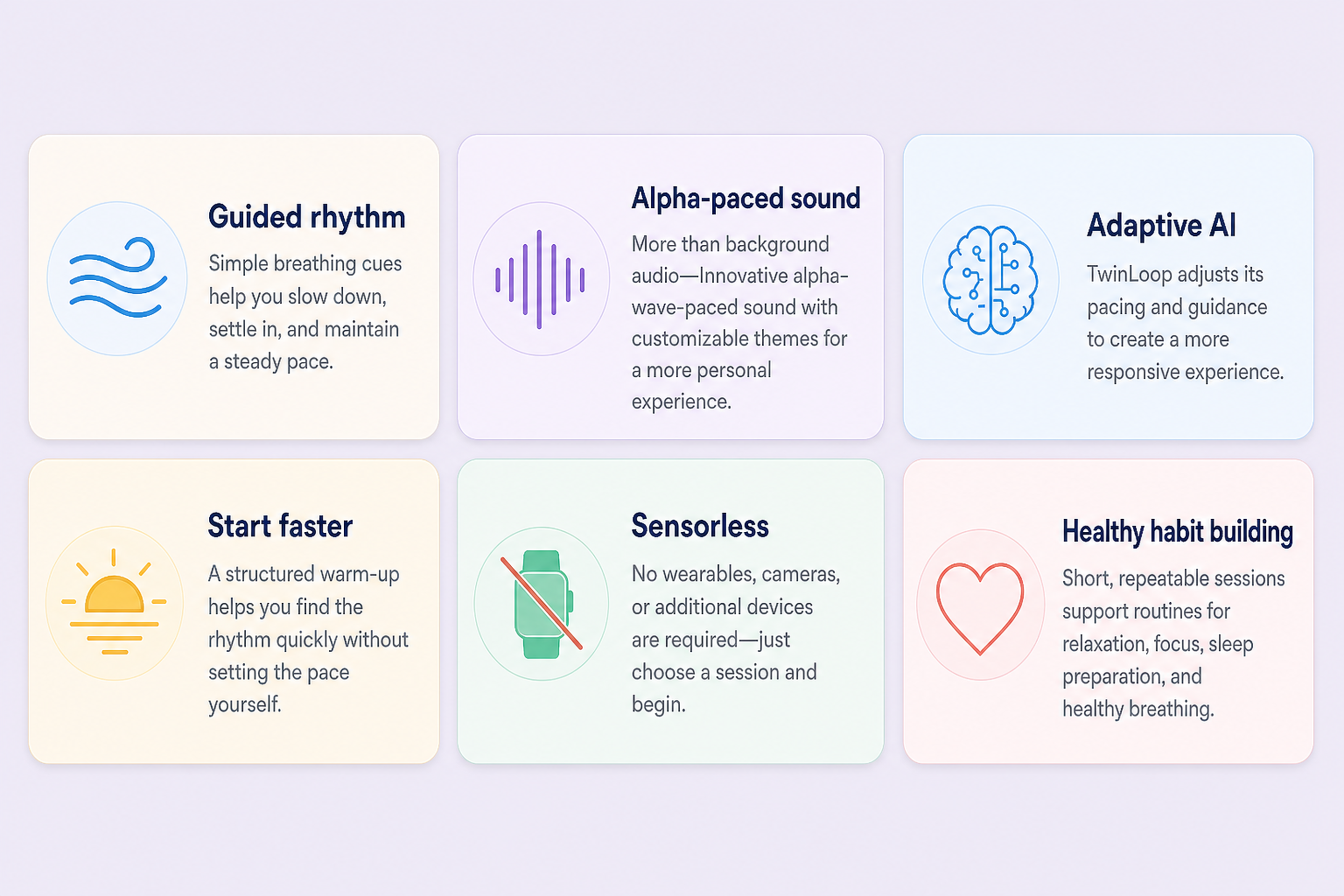 TwinLoop features for guided rhythm, alpha-paced sound, Adaptive AI, faster starts, sensorless sessions, and healthy habit building.